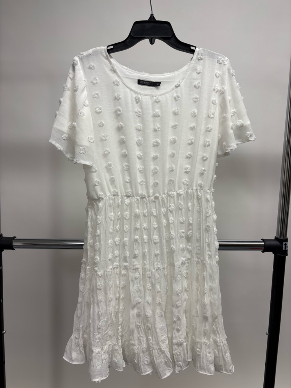 MikaRose White Textured Short Sleeve Smocked Dress